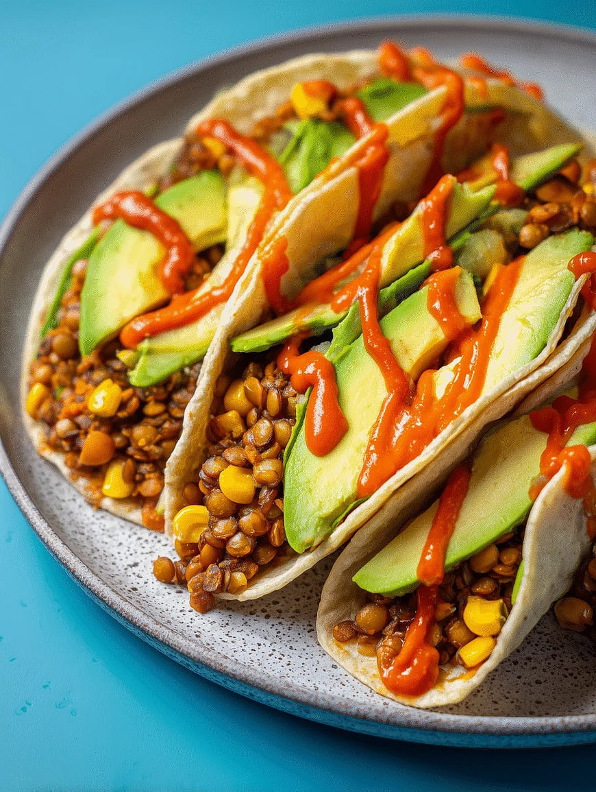 Vegan Lentil Tacos with Avocado and Spicy Sauce