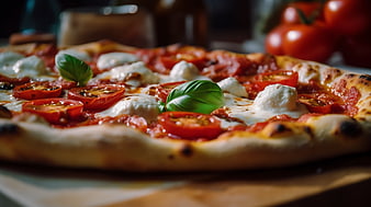 Close-up of fresh Italian pizza with basil and tomatoes
