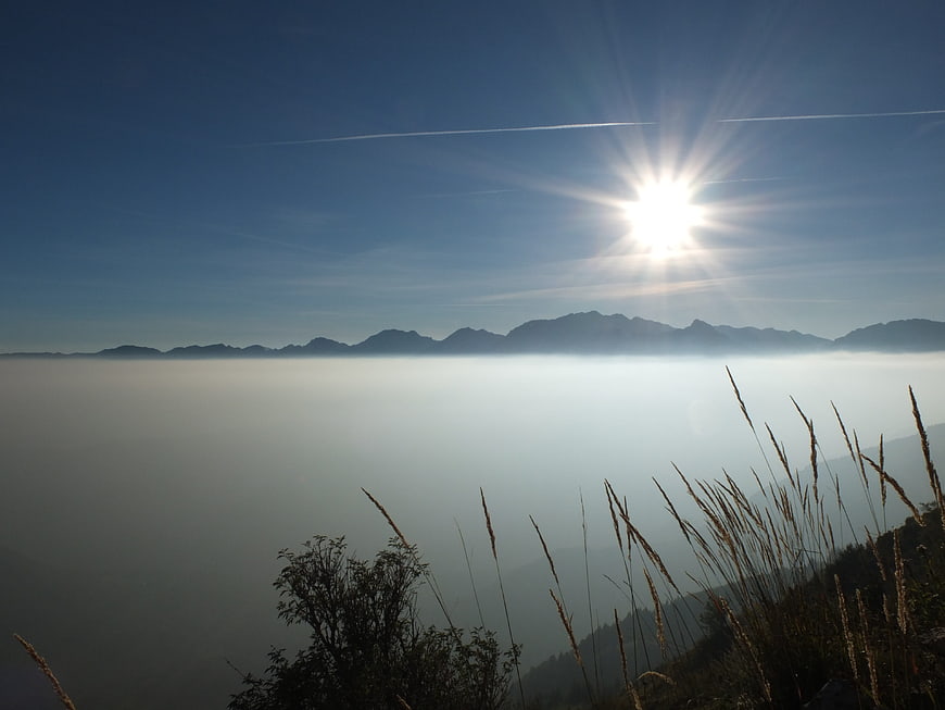 Sunrise over sea of clouds with mountain peaks and foreground grass