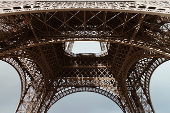 Low angle view of Eiffel Tower iron lattice structure