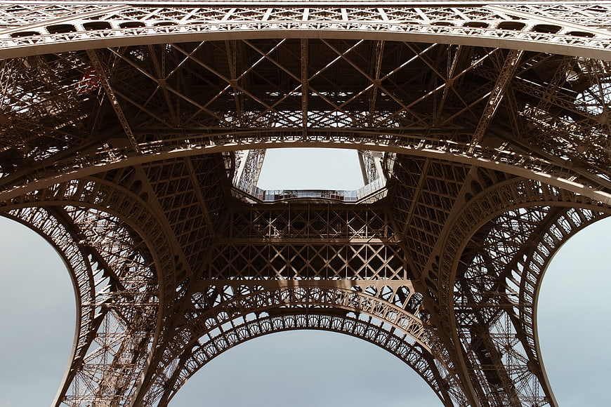 Low angle view of Eiffel Tower iron lattice structure