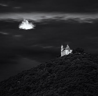 Dramatic Black and White Photo of Church on Hilltop