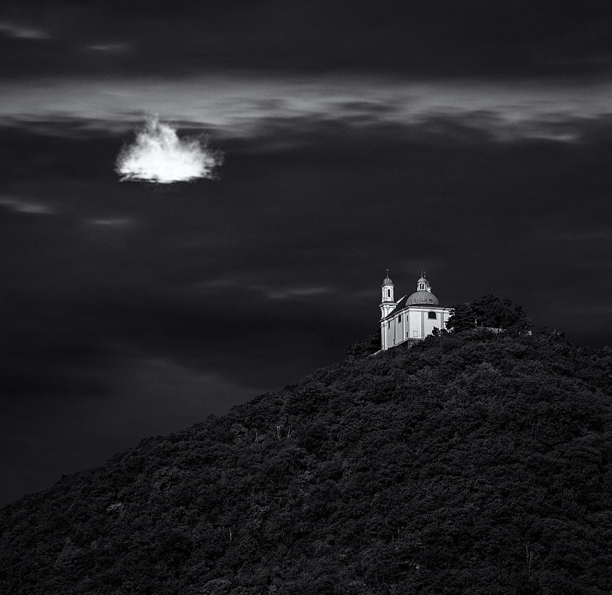 Dramatic Black and White Photo of Church on Hilltop