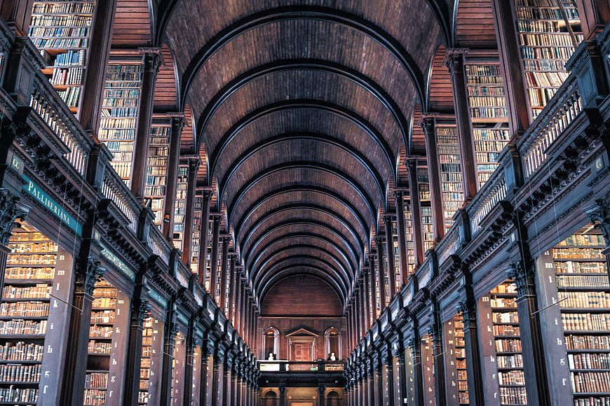 Long Perspective of Historic Library Interior with Arched Ceiling