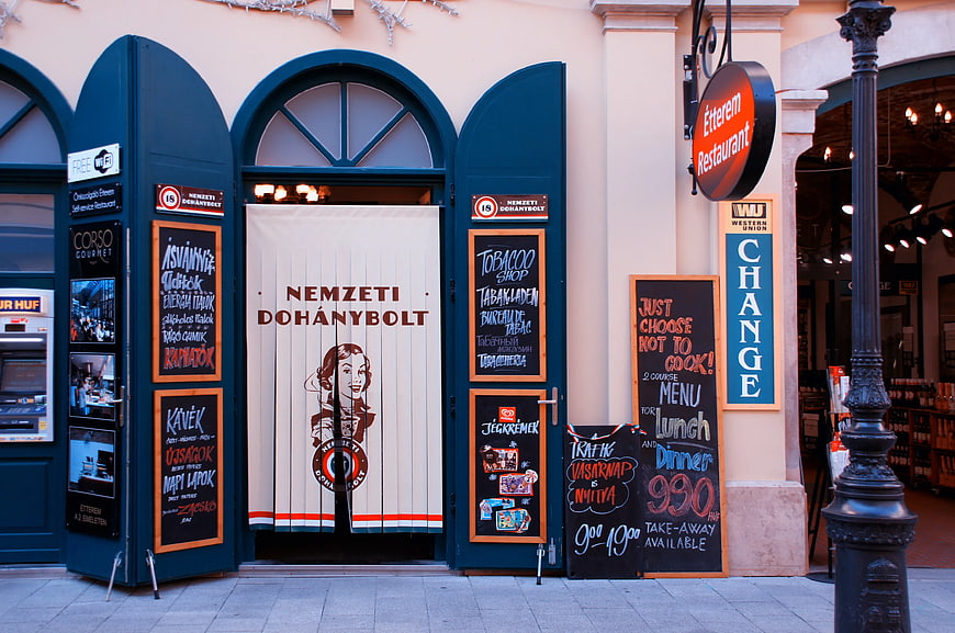 Nemzeti Dohanybolt Storefront with Chalkboard Signs