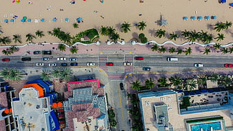 Aerial View of Colorful Beachside Road and Buildings