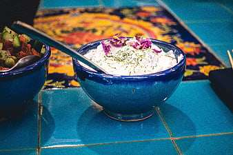 Traditional Iranian yogurt dip with mint and dried rose petals