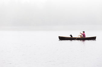 Man and Dog Paddling Canoe on Misty Lake