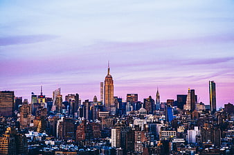 Manhattan Skyline at Dusk with Pink and Purple Sky