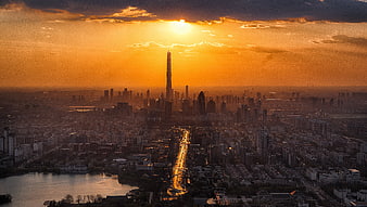 Aerial View of Tianjin Skyline at Golden Sunset