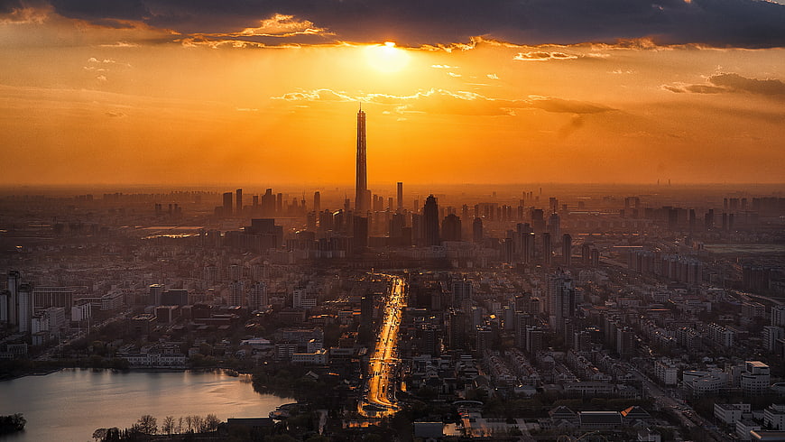 Aerial View of Tianjin Skyline at Golden Sunset