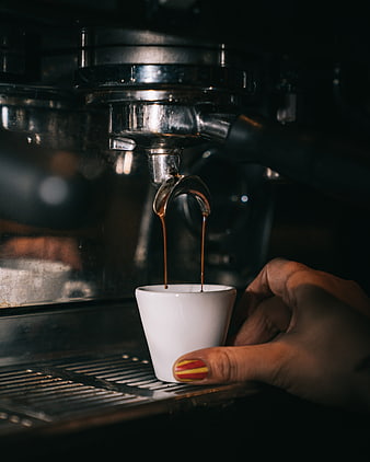 Espresso Pouring Into White Cup From Professional Machine