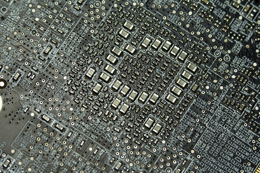 Macro Close-Up of Printed Circuit Board with Electronic Components