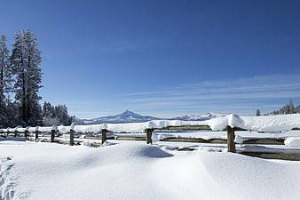 Snowy Winter Landscape with Wooden Fence and Mountain View