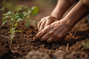 Close-up of hands planting a seedling in rich soil