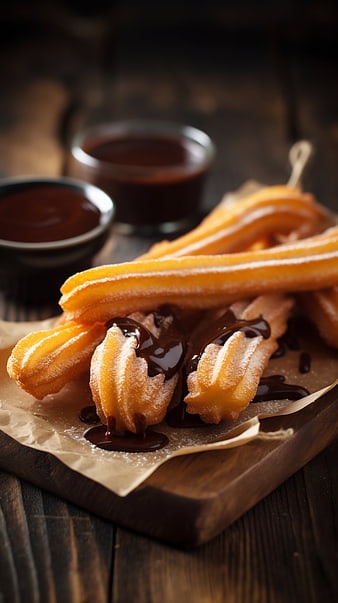 Golden Churros with Chocolate Dipping Sauce on Wooden Board