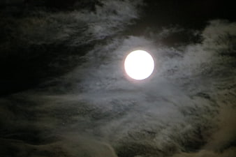 Full moon glowing through dark night clouds