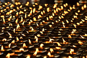 Rows of traditional oil lamps glowing in a temple