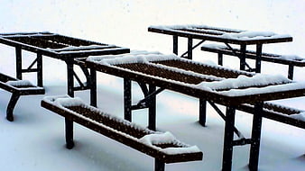 Snow-covered picnic tables in winter park