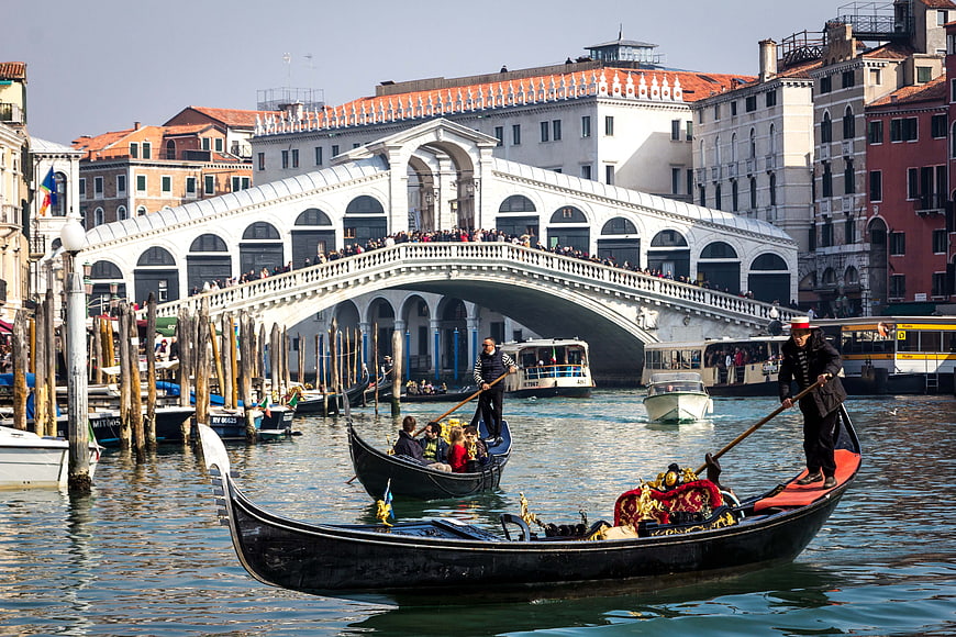 Gondolas on the Grand Canal with Rialto Bridge in Venice