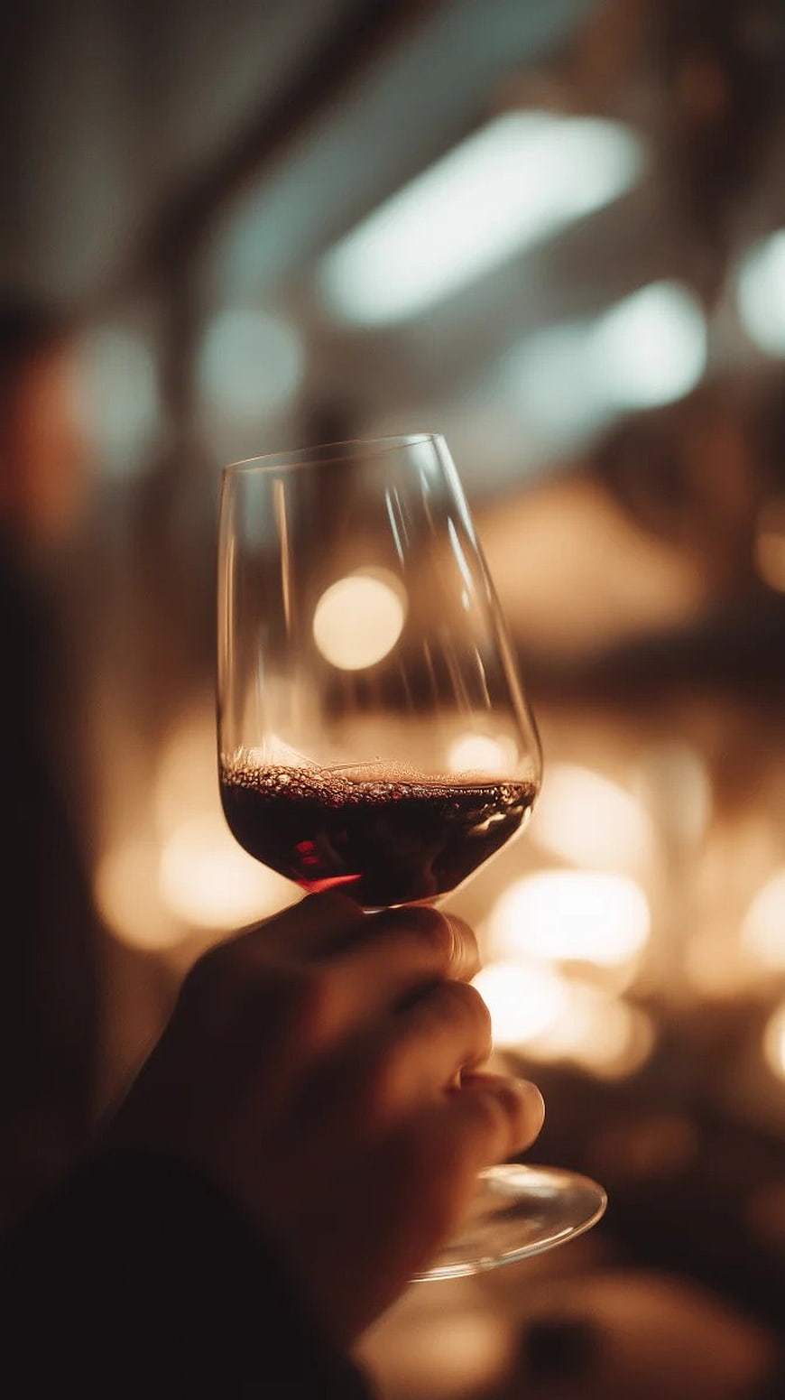 Hand Holding Red Wine Glass with Bokeh Background