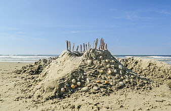 Sandcastle with shells and sticks on sunny beach