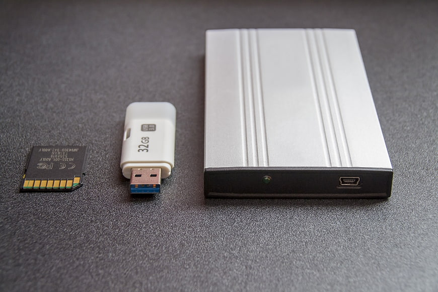 Comparison of SD card, USB drive, and external hard drive