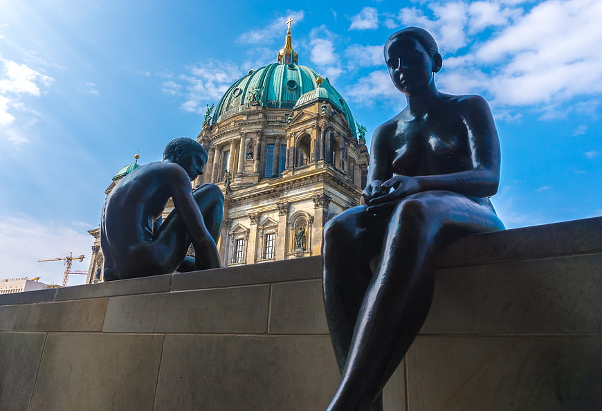 Berlin Cathedral and Bronze Sculptures in Low Angle Shot