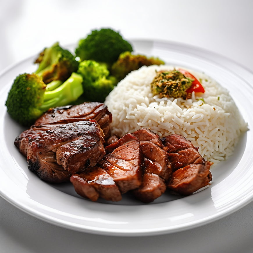 Healthy Grilled Meat, Rice, and Broccoli on White Plate