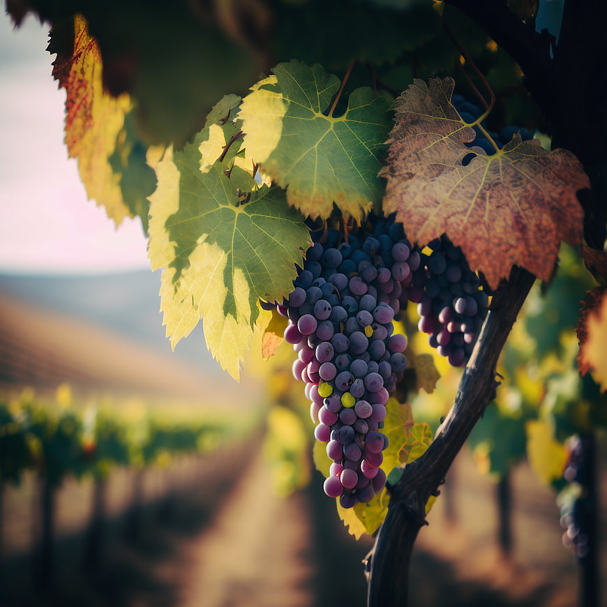 Ripe purple grapes hanging on vine in autumn vineyard