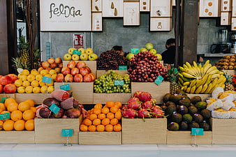 Colorful fresh fruit display at a modern market