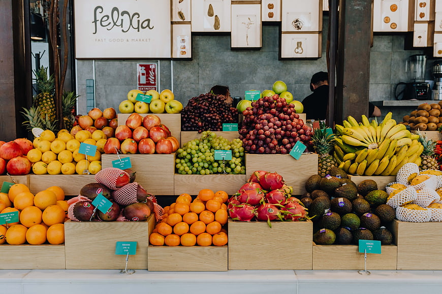 Colorful fresh fruit display at a modern market
