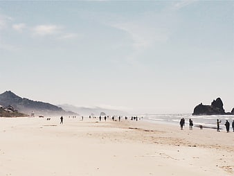 Wide shot of Cannon Beach Oregon with Haystack Rock and foggy coastline
