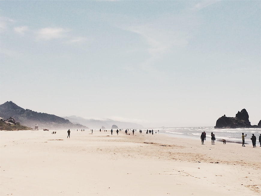 Wide shot of Cannon Beach Oregon with Haystack Rock and foggy coastline