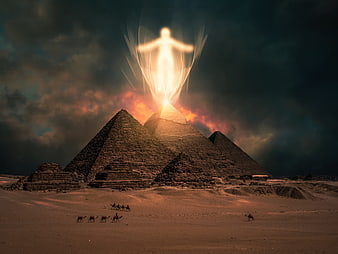 Glowing Spirit Above Egyptian Pyramids in Dramatic Desert Sunset