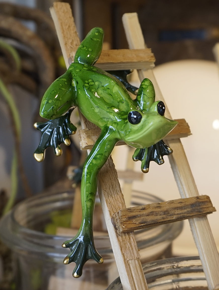 Green ceramic frog figurine climbing a miniature wooden ladder