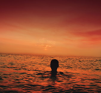 Silhouette of Man Swimming in Ocean at Sunset