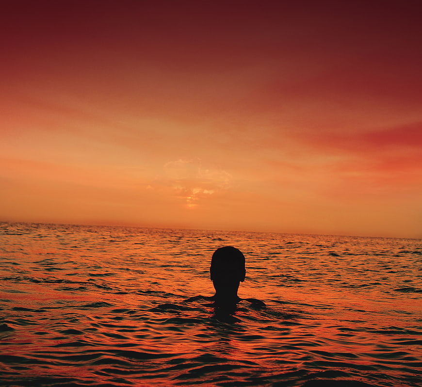 Silhouette of Man Swimming in Ocean at Sunset