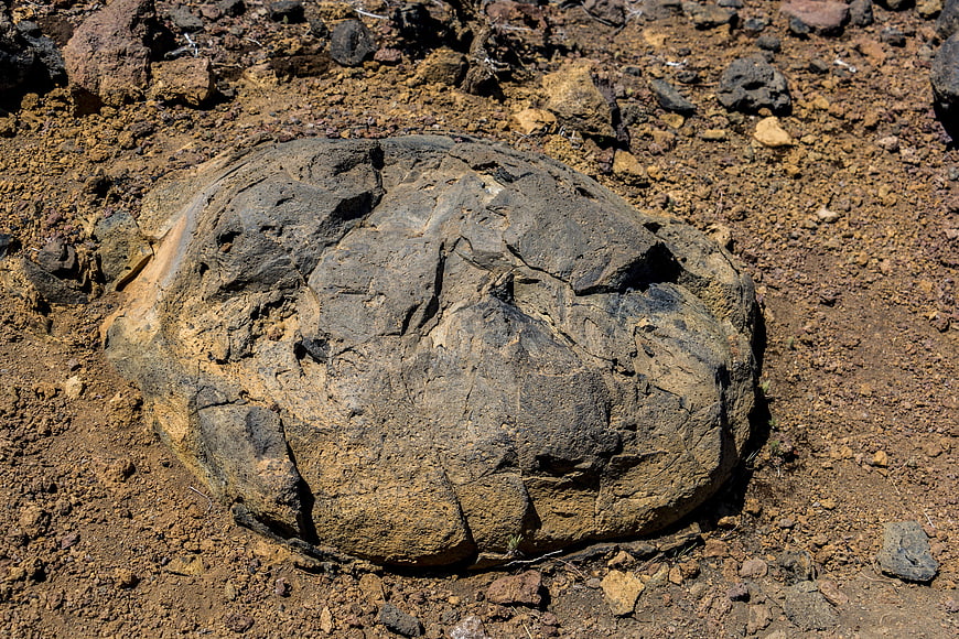 Close-up of textured volcanic rock on dry earth