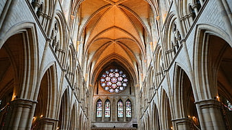 Gothic Cathedral Interior with Stained Glass Rose Window