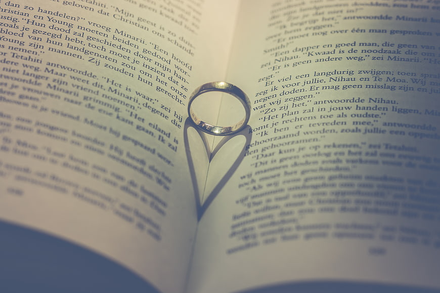 Silver ring resting on open book pages with shadow