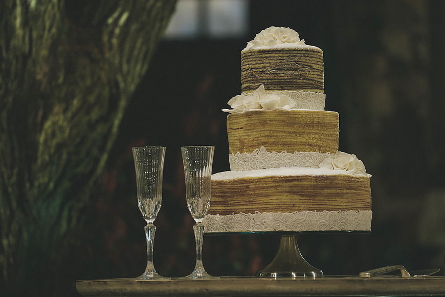 Rustic Naked Wedding Cake with Lace and Champagne Flutes