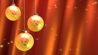 Glowing Gold Christmas Ornaments on Red Background