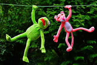 Kermit and Pink Panther plush toys hanging on a clothesline