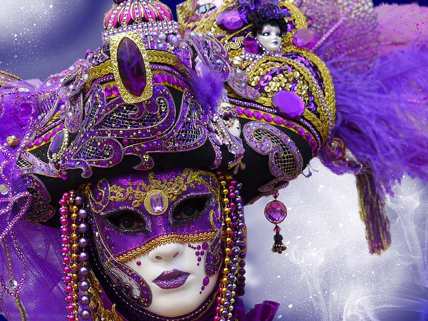 Purple Venetian Carnival Mask With Gold Jewels And Feathers