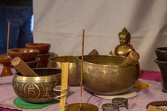 Singing bowls and incense for meditation and mindfulness