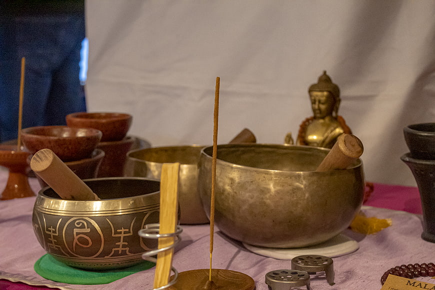 Singing bowls and incense for meditation and mindfulness