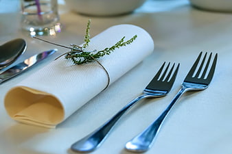 Elegant Table Setting with Rolled Napkin and Silverware