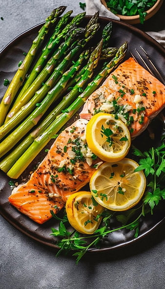 Grilled Salmon Fillet with Asparagus and Lemon Slices