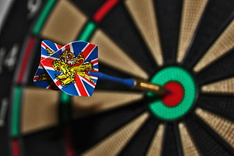 Dart with Union Jack flights hitting the bullseye
